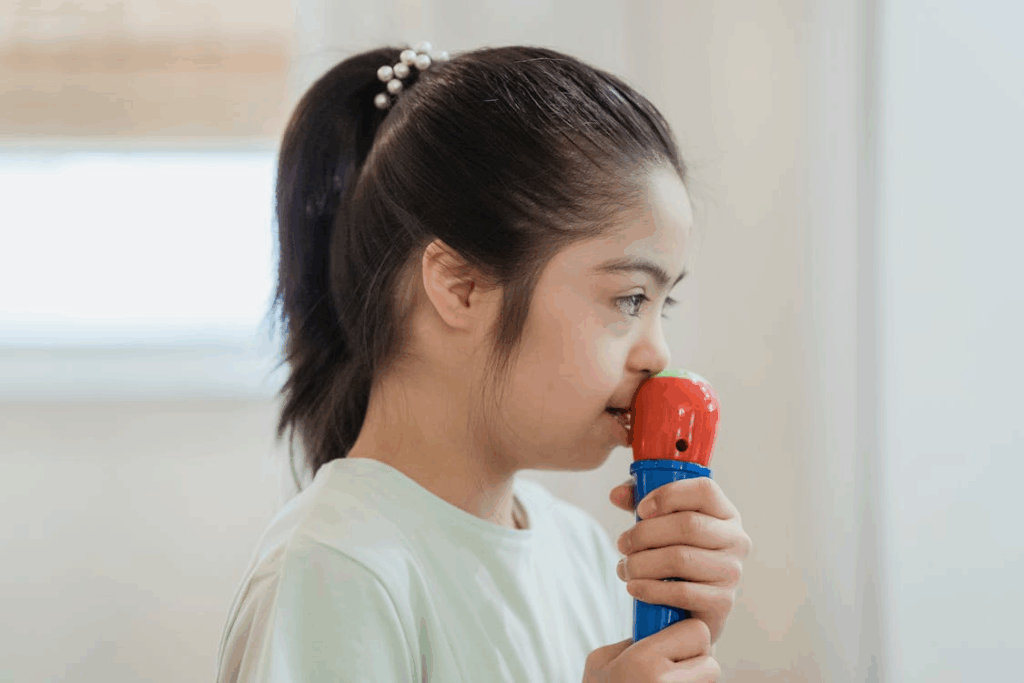 side view of a kid with a microphone singin
