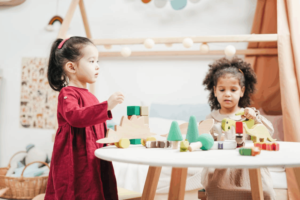 Two kids playing with toys